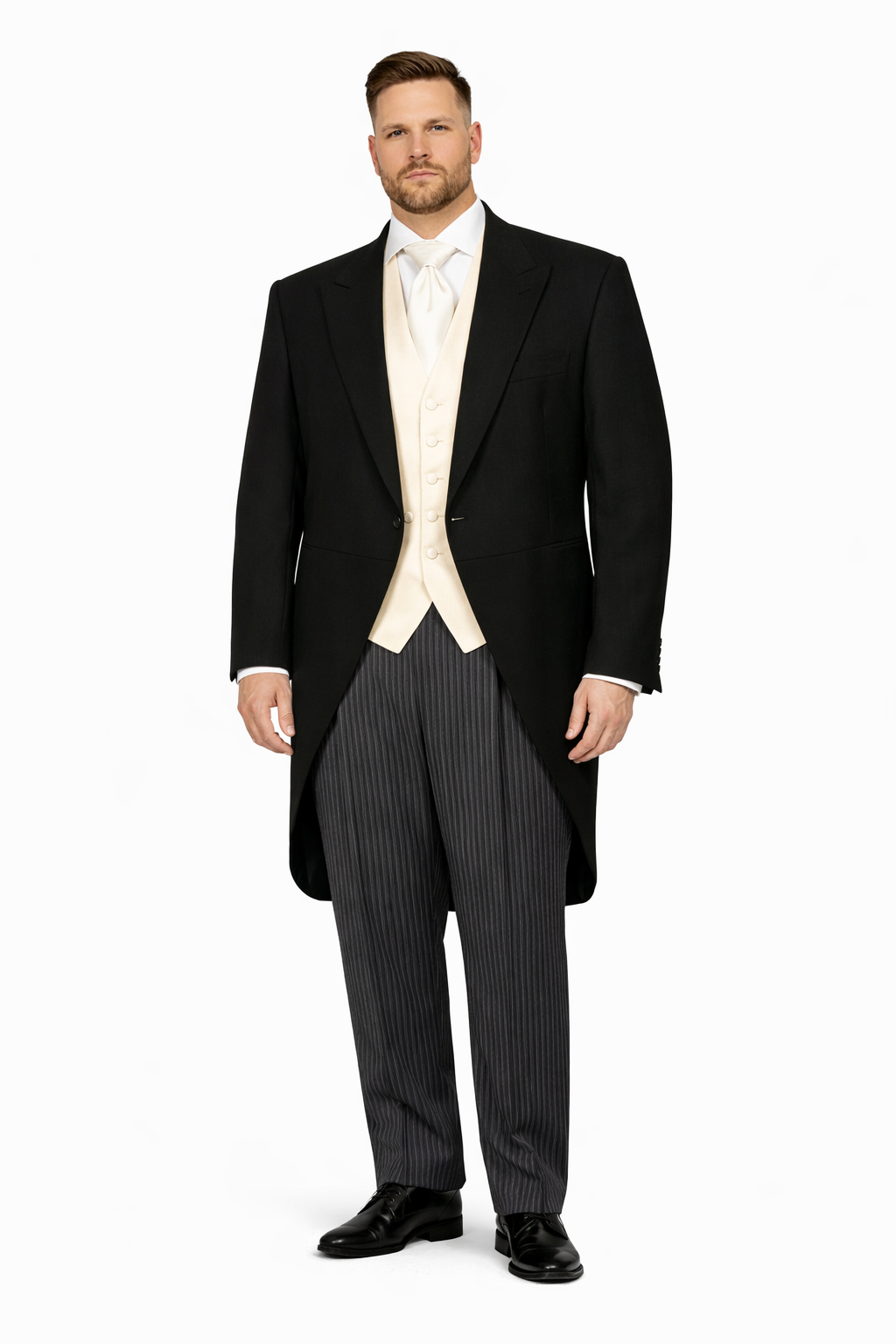 Men's Black Herringbone Wool Medium Weight 1 Button Morning Coat With Striped Pant-New Designer Collection - 58R