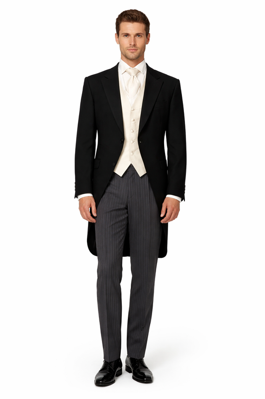 Men's Black Herringbone Wool Medium Weight 1 Button Morning Coat With Striped Pant-New Designer Collection