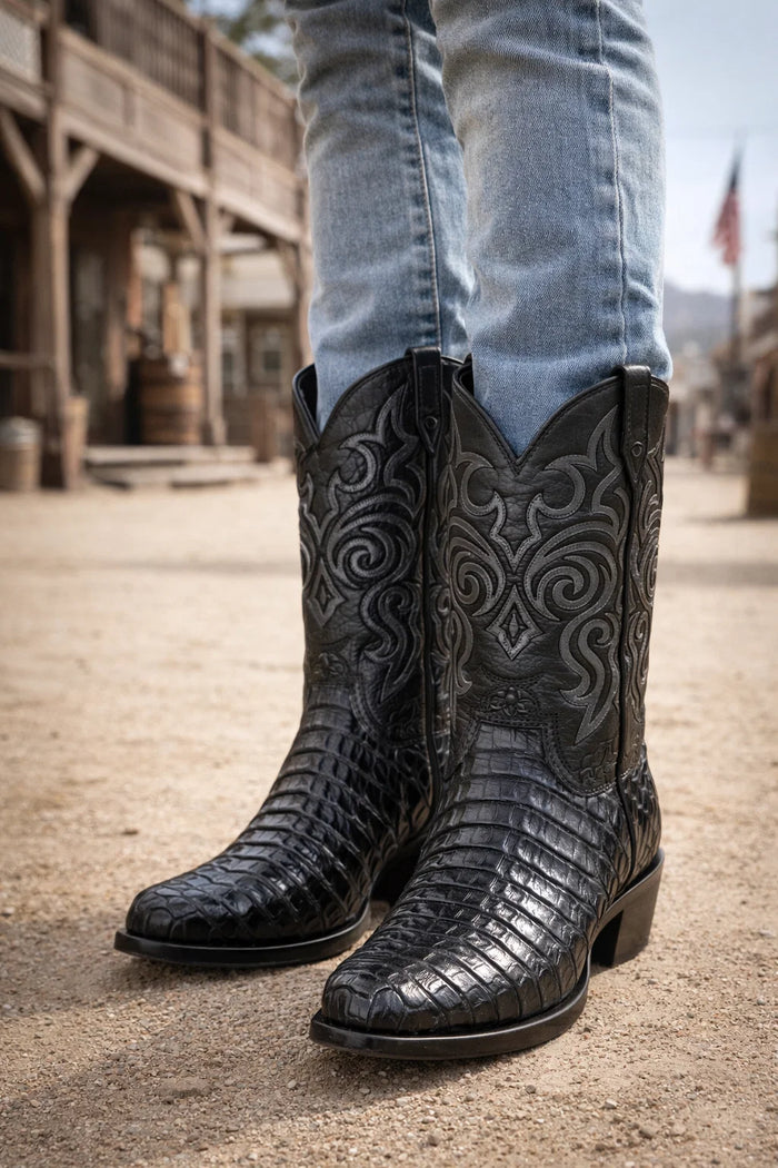 Men's Black Lizard Print Cowboy Boots - Snip Toe Western Dress Boots - Los Altos-New Designer Collection