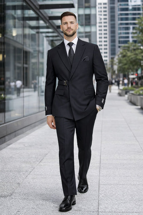 Mens Black Double Breasted Wool Suit with Metal Buckle Closure