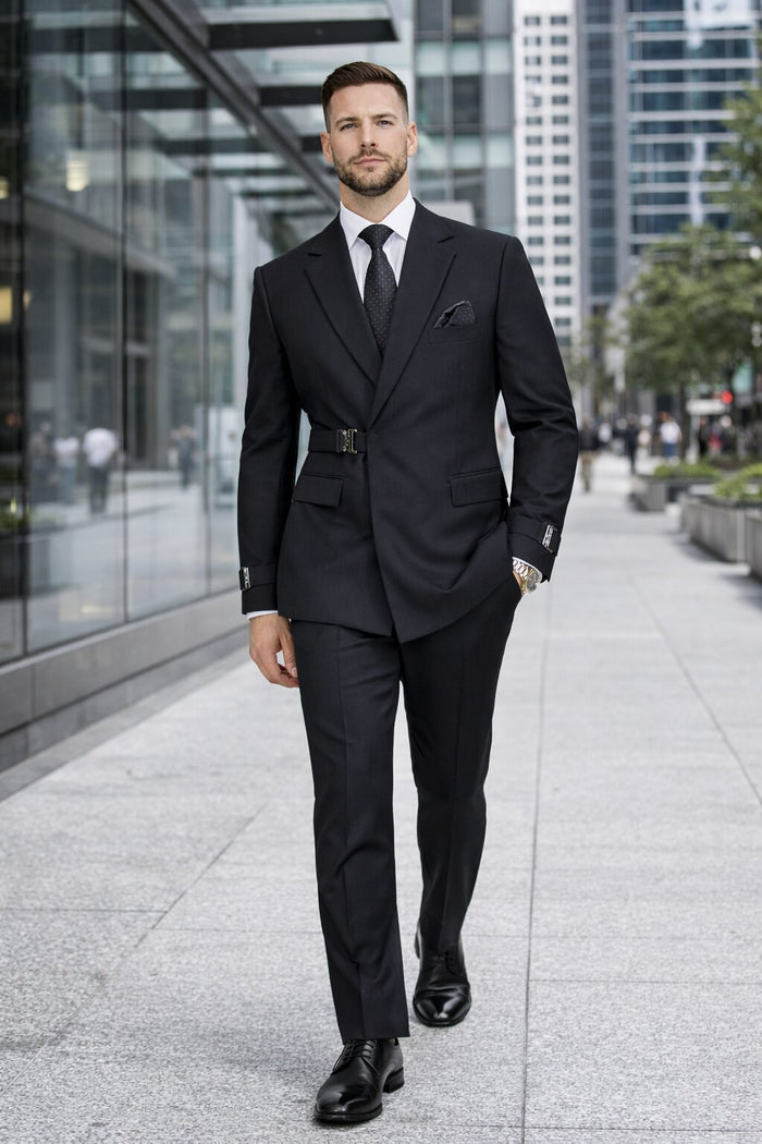 Mens Black Double Breasted Wool Suit with Metal Buckle Closure