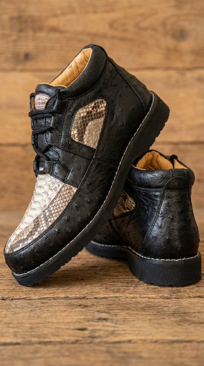 Mens Black and Natural Exotic Alligator Crocodile Casual Shoes Ostrich and Snakeskin Pattern Lace Up Dress Shoes - Boot By Los Altos