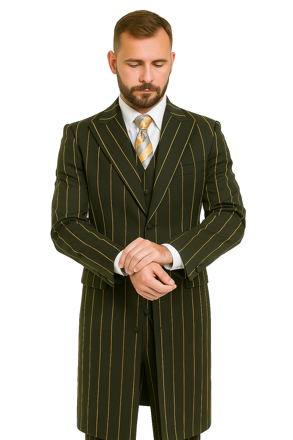 34 Pinstripe Zoot Suit For Men - Gangster Wedding Suit in Black and Gold Pinstripe 34 Pinstripe Zoot Suit For Men - Gangster Wedding Suit in Black and Gold Pinstripe