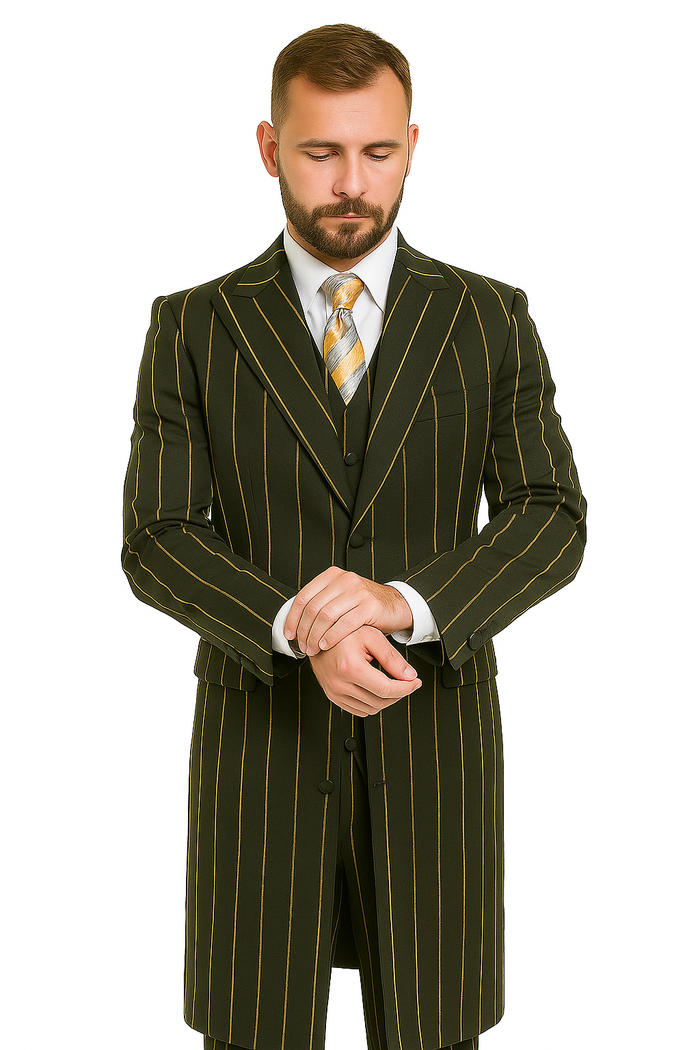 Pinstripe Zoot Suit For Men - Gangster  Wedding Suit in Black and Gold Pinstripe