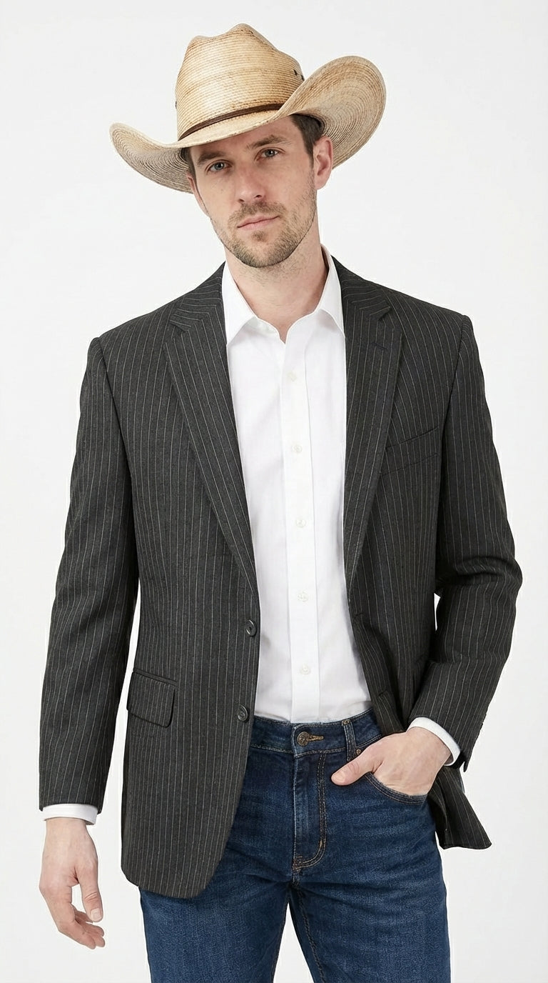 Mens Black Pinstripe Western Blazer – Classic Cowboy Style Jacket for Business, Formal and Smart Casual Wear - 34 Short