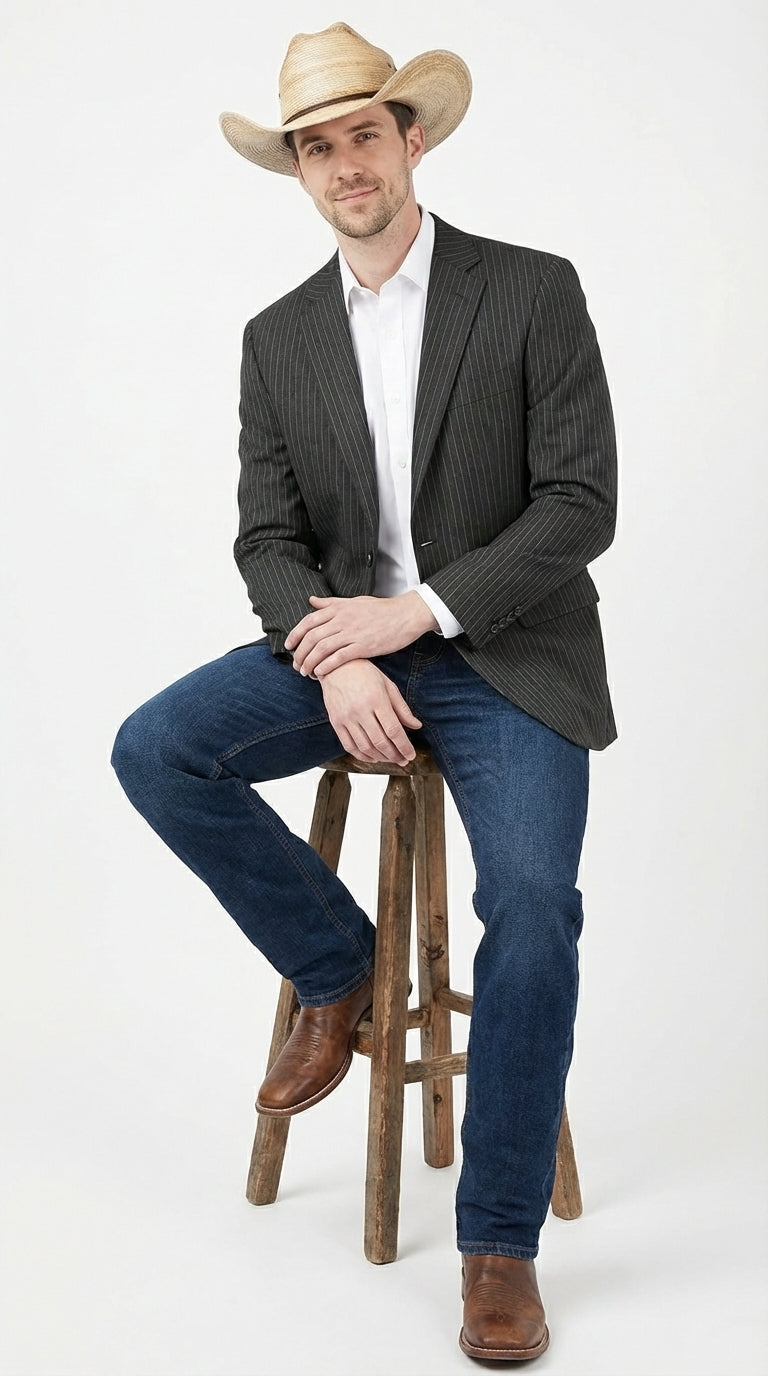 Mens Black Pinstripe Western Blazer – Classic Cowboy Style Jacket for Business, Formal and Smart Casual Wear - 34 Short