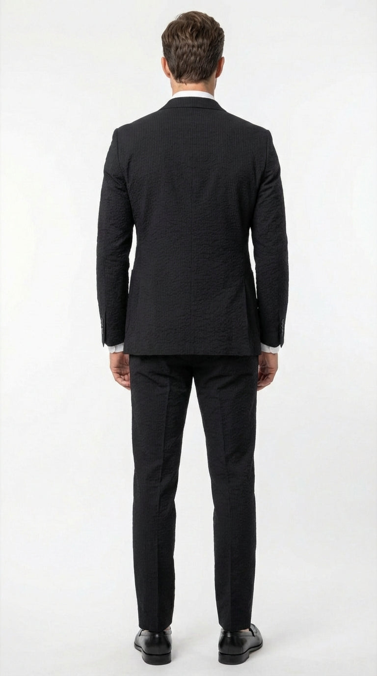 Mens Black Seersucker Suit – Shadow Ton on Ton Mini Textured Two Button Cotton Fabric Formal Summer Suit - 34 Short or Extra Small