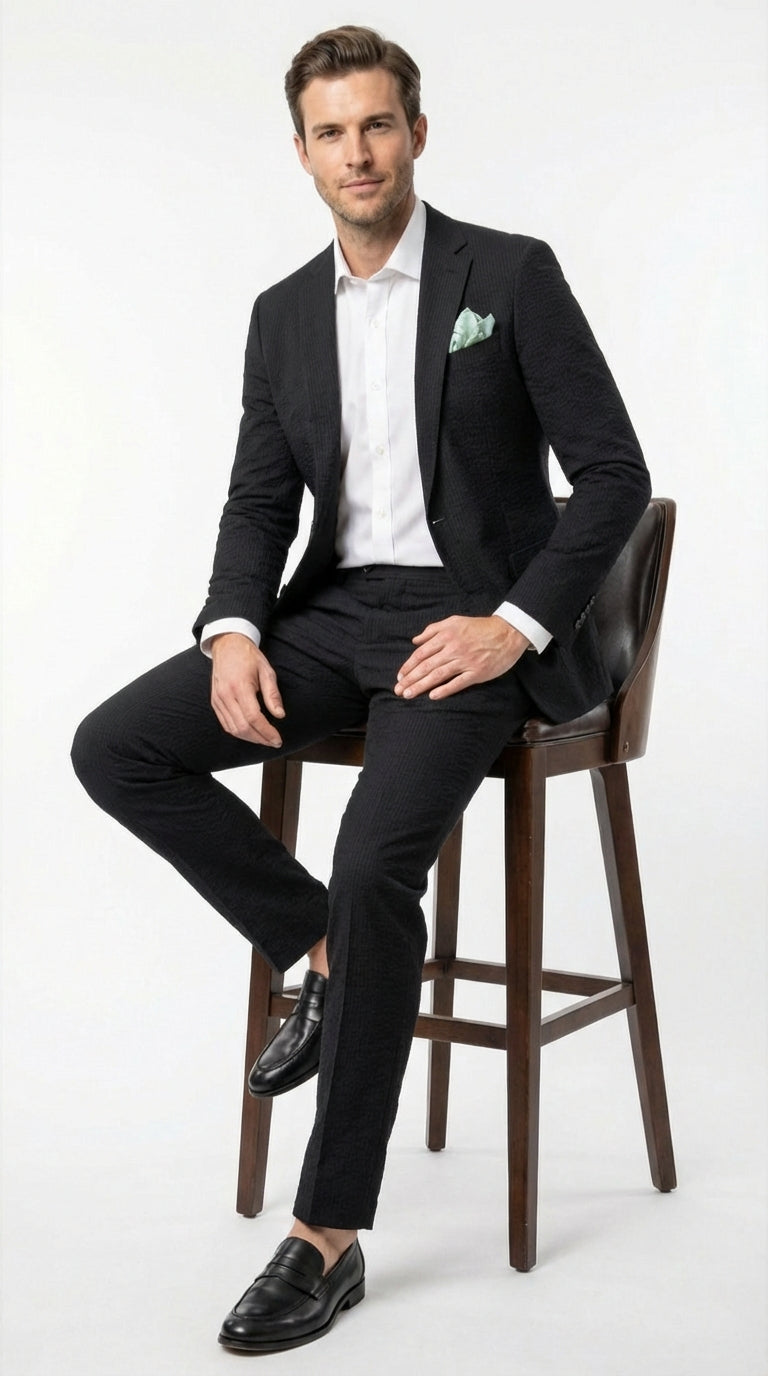 Mens Black Seersucker Suit – Shadow Ton on Ton Mini Textured Two Button Cotton Fabric Formal Summer Suit - 34 Short or Extra Small