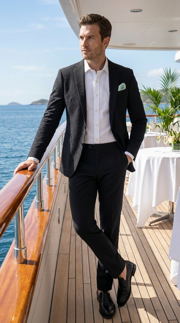 Mens Black Seersucker Suit – Shadow Ton on Ton Mini Textured Two Button Cotton Fabric Formal Summer Suit