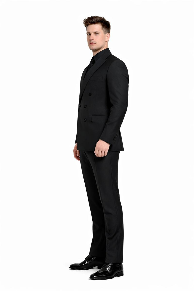 Mens Black Solid Three Piece Suit-New Designer Collection - 38 Long + 32 Waist(Adjust 2" Large and amp 4")