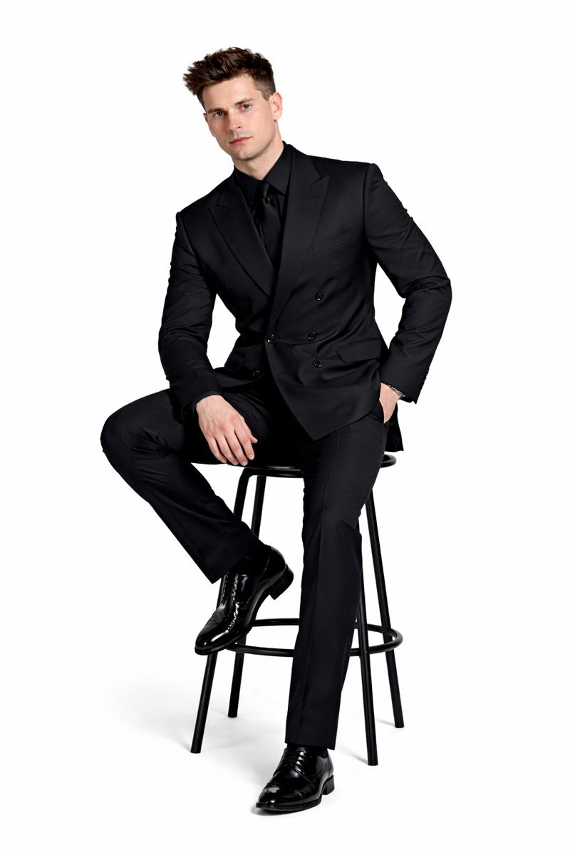 Mens Black Solid Three Piece Suit-New Designer Collection - 38 Long + 32 Waist(Adjust 2" Large and amp 4")