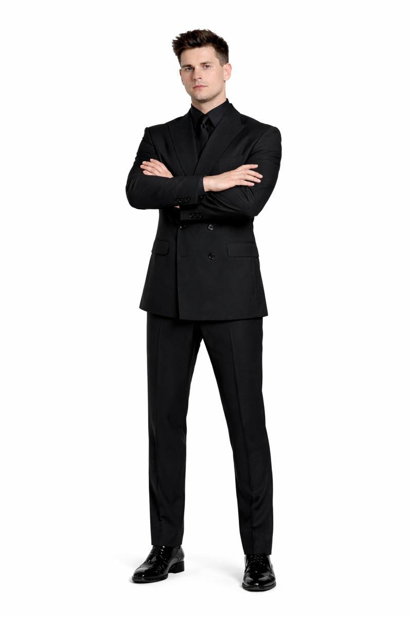 Mens Black Solid Three Piece Suit-New Designer Collection - 38 Long + 32 Waist(Adjust 2" Large and amp 4")