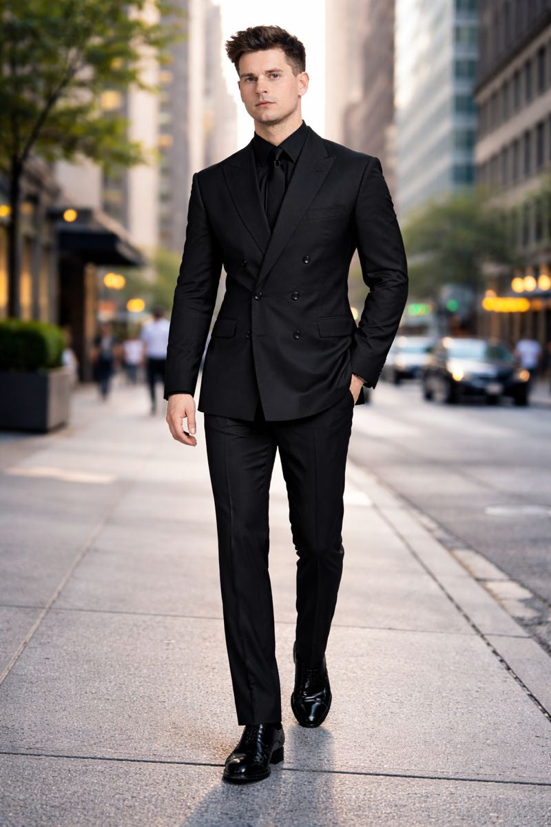 Mens Black Solid Three Piece Suit-New Designer Collection - 38 Long + 32 Waist(Adjust 2" Large and amp 4")