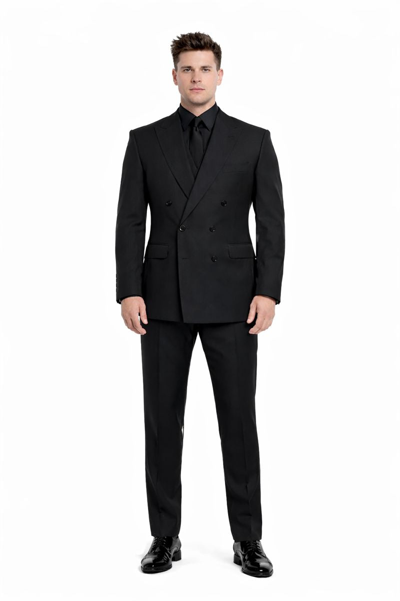 Mens Black Solid Three Piece Suit-New Designer Collection - 38 Long + 32 Waist(Adjust 2" Large and amp 4")