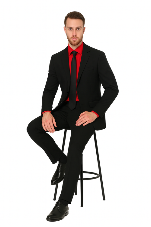 Men's Black Suit Red Shirt Black Tie Package Combo ~ Combination Deal As Seen In The Picture-New Designer Collection