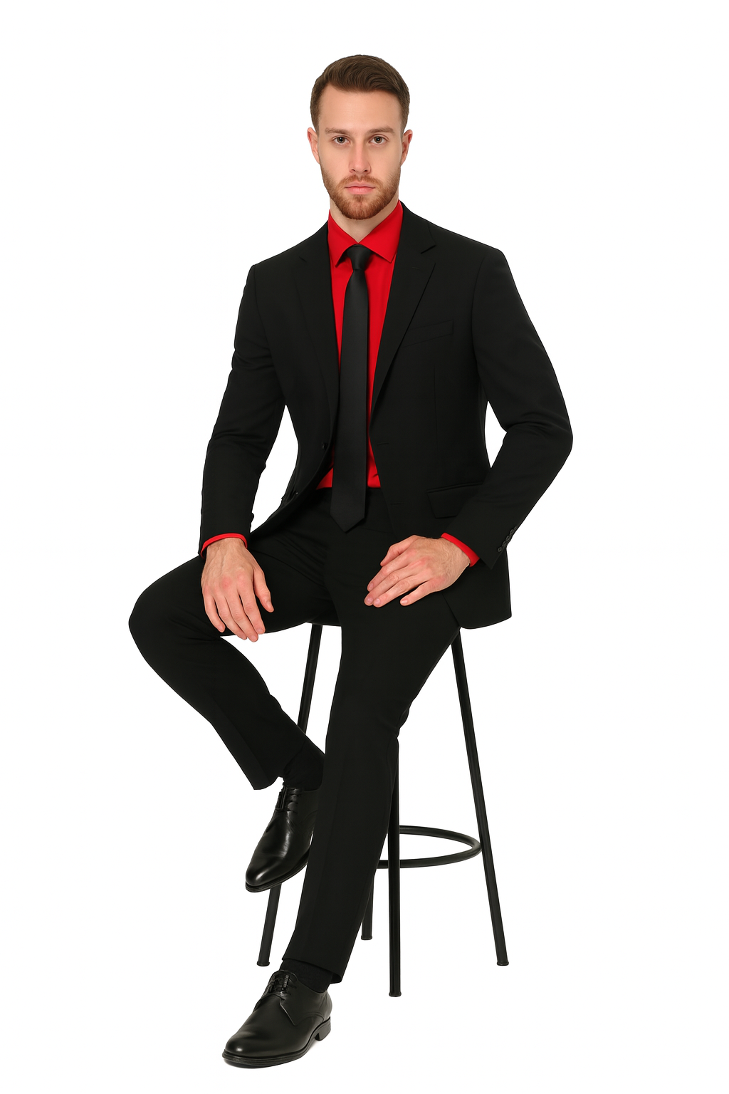 Men's Black Suit Red Shirt Black Tie Package Combo ~ Combination Deal As Seen In The Picture-New Designer Collection - 34 Short or Extra Small