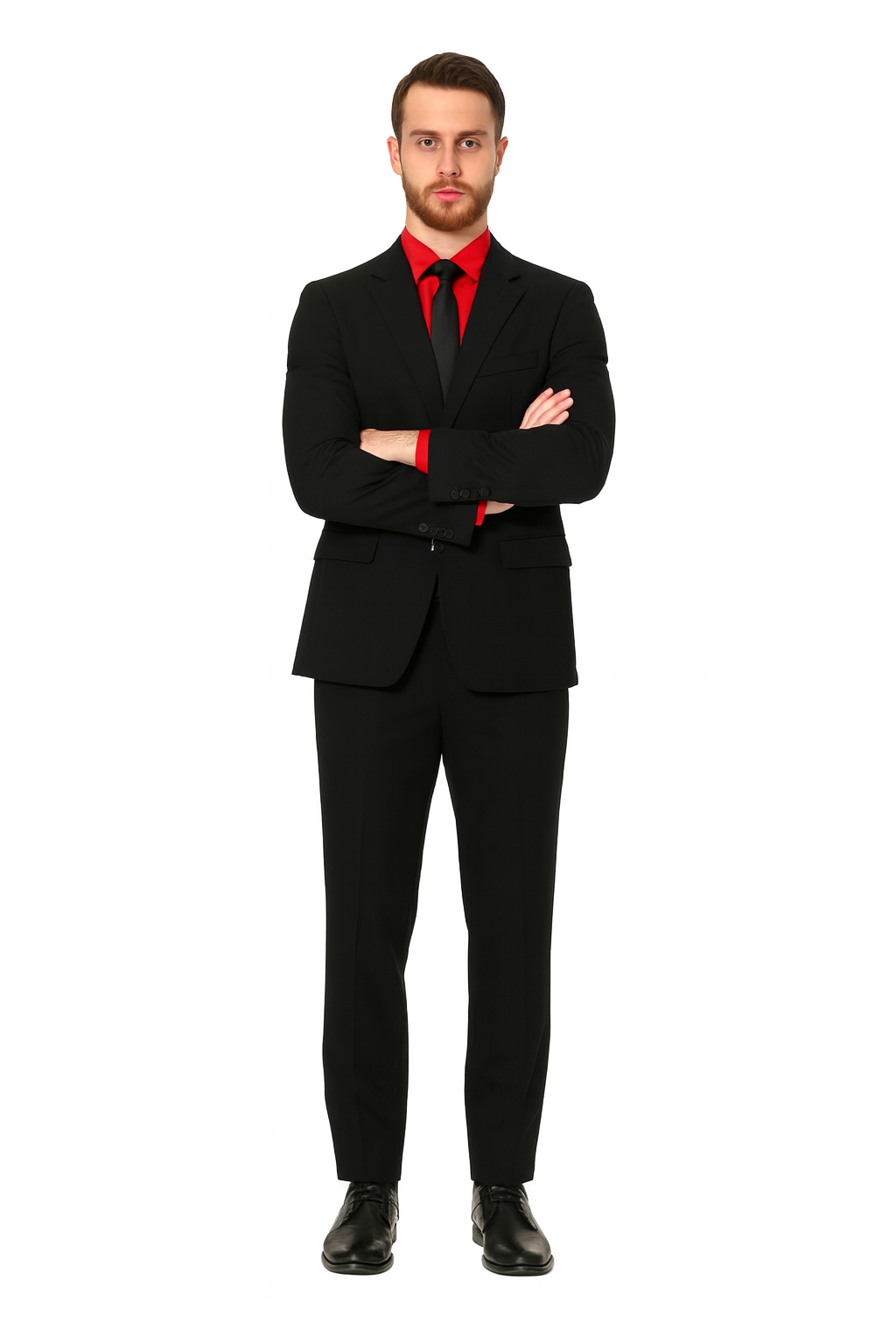 Men's Black Suit Red Shirt Black Tie Package Combo ~ Combination Deal As Seen In The Picture-New Designer Collection - 34 Short or Extra Small