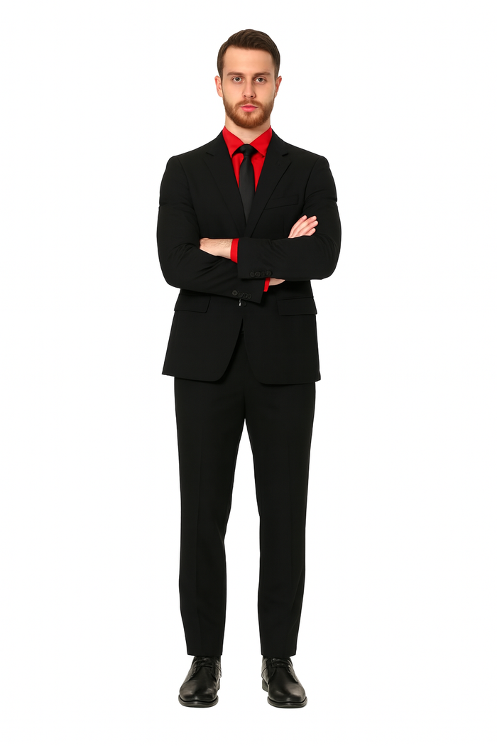 Men's Black Suit Red Shirt Black Tie Package Combo ~ Combination Deal As Seen In The Picture-New Designer Collection