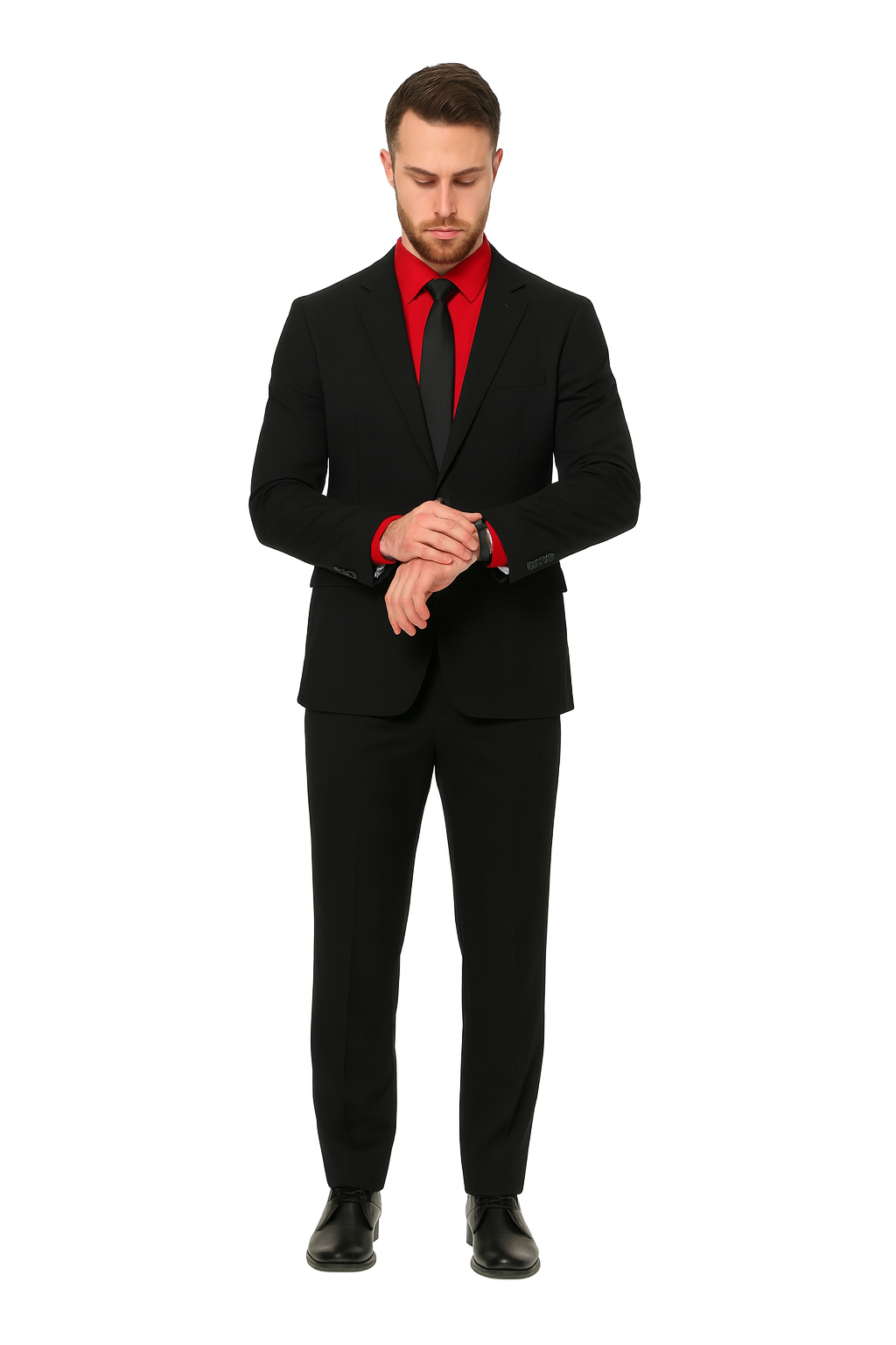 Men's Black Suit Red Shirt Black Tie Package Combo ~ Combination Deal As Seen In The Picture-New Designer Collection - 34 Short or Extra Small