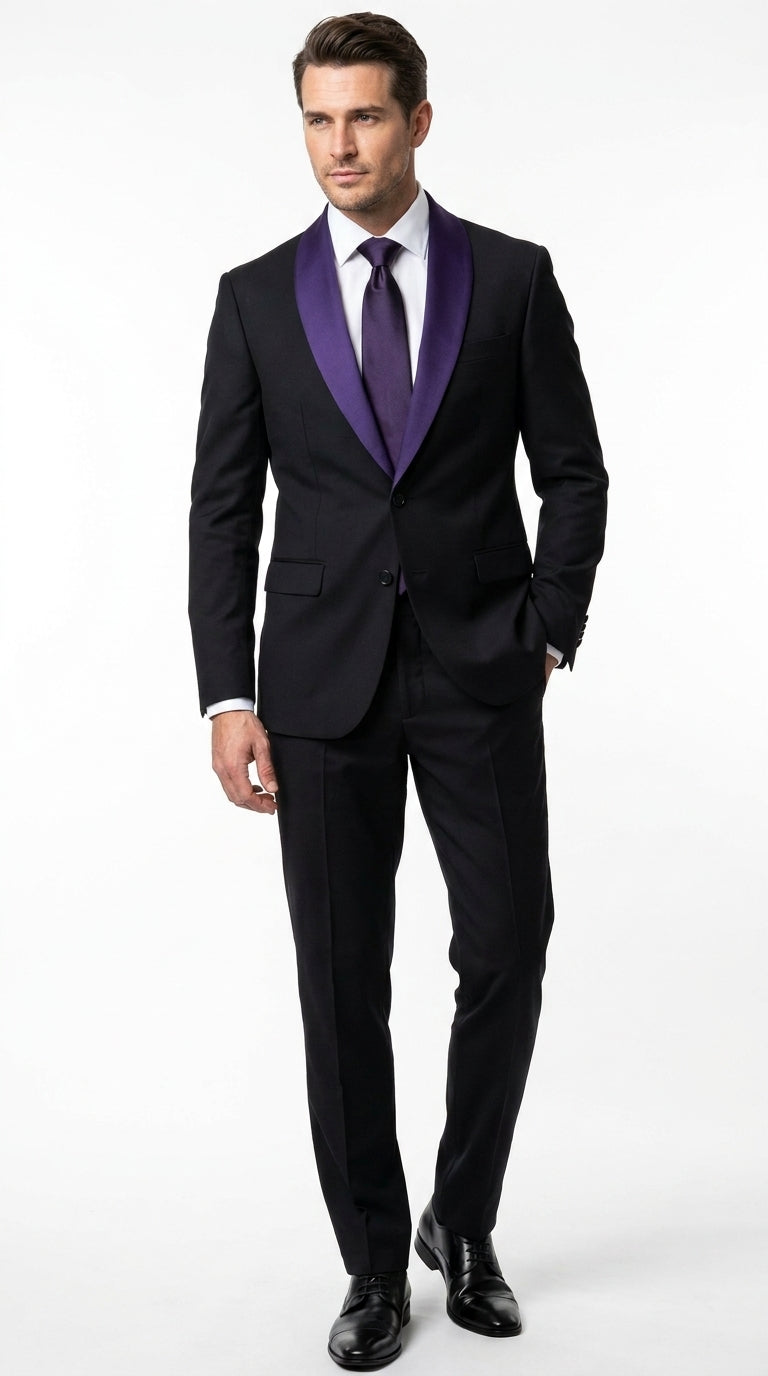 Mens Black Suit with Purple Lapel – Elegant Formal Tuxedo Style Suit for Wedding, Prom, Party and Evening Wear - 34 Short or Extra Small