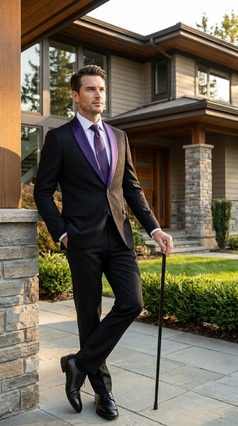 Mens Black Suit with Purple Lapel – Elegant Formal Tuxedo Style Suit for Wedding, Prom, Party and Evening Wear - 34 Short or Extra Small