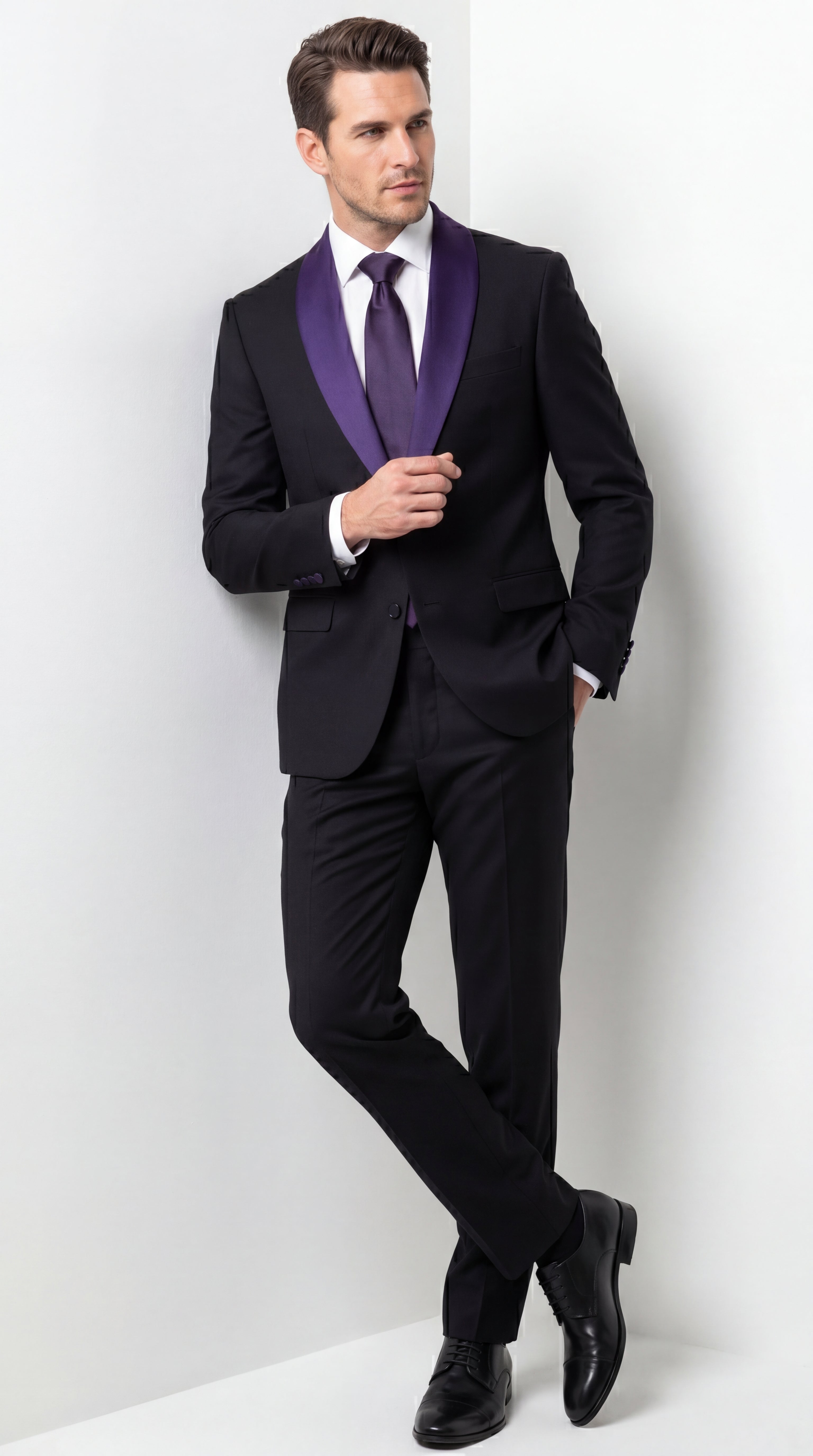 Mens Black Suit with Purple Lapel – Elegant Formal Tuxedo Style Suit for Wedding, Prom, Party and Evening Wear