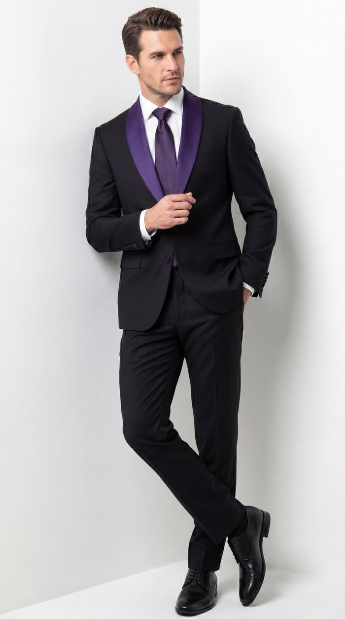 Mens Black Suit with Purple Lapel – Elegant Formal Tuxedo Style Suit for Wedding, Prom, Party and Evening Wear
