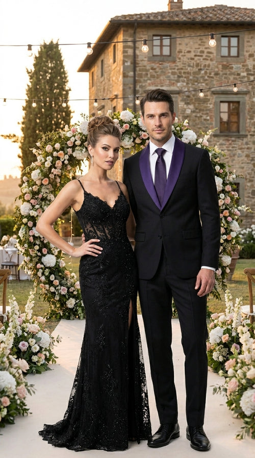 Mens Black Suit with Purple Lapel – Elegant Formal Tuxedo Style Suit for Wedding, Prom, Party and Evening Wear