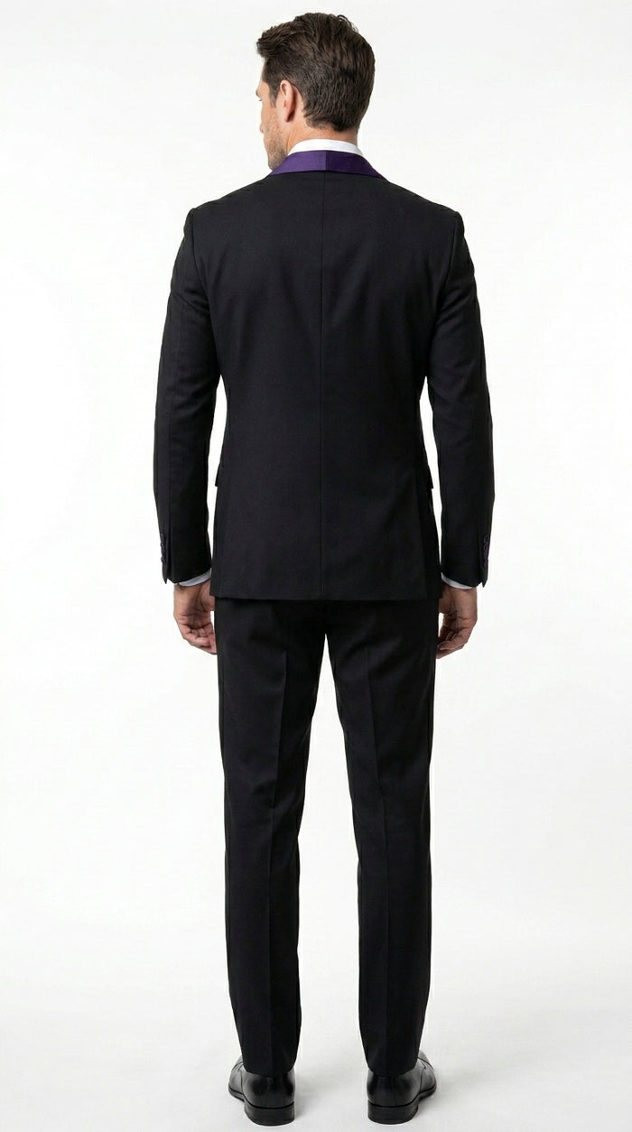 Mens Black Suit with Purple Lapel – Elegant Formal Tuxedo Style Suit for Wedding, Prom, Party and Evening Wear