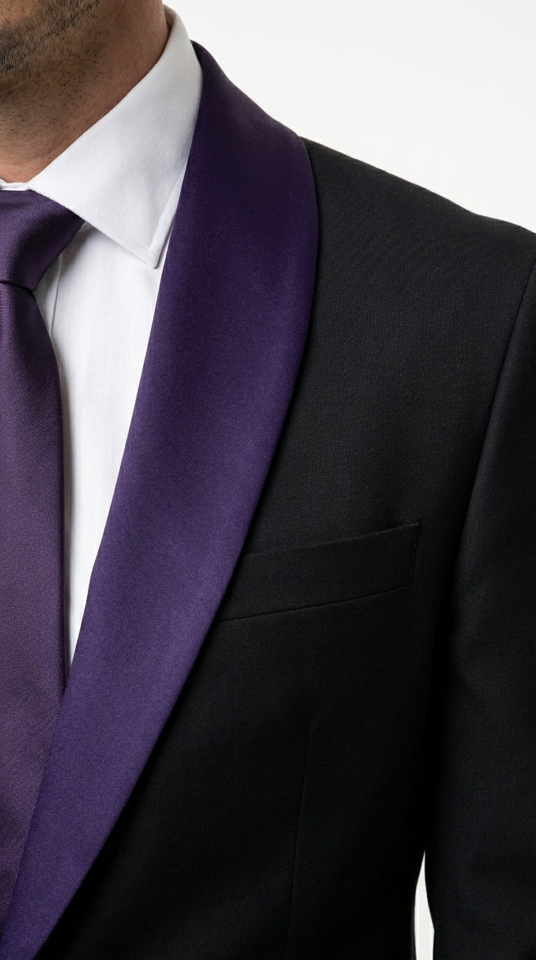 Mens Black Suit with Purple Lapel – Elegant Formal Tuxedo Style Suit for Wedding, Prom, Party and Evening Wear - 34 Short or Extra Small