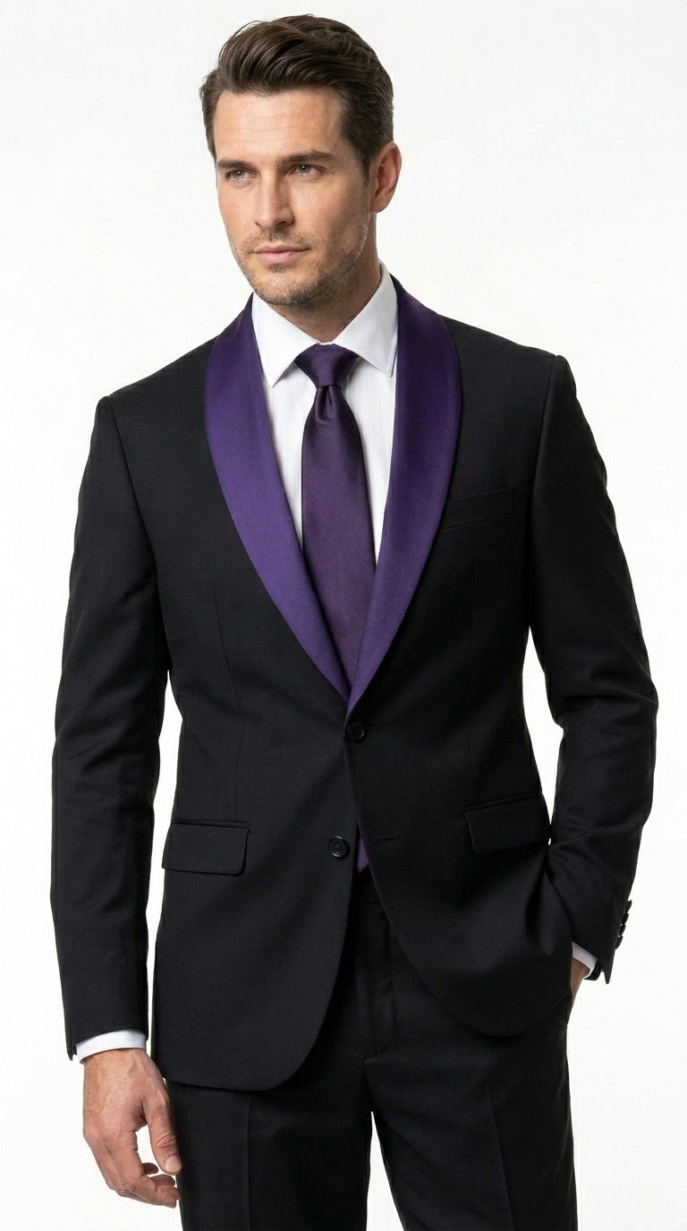 Mens Black Suit with Purple Lapel – Elegant Formal Tuxedo Style Suit for Wedding, Prom, Party and Evening Wear - 34 Short or Extra Small