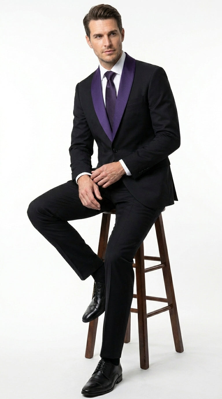 Mens Black Suit with Purple Lapel – Elegant Formal Tuxedo Style Suit for Wedding, Prom, Party and Evening Wear - 34 Short or Extra Small