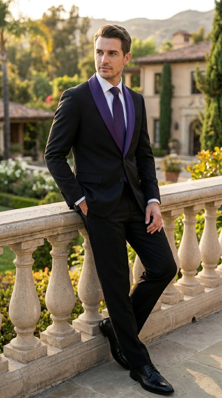 Mens Black Suit with Purple Lapel – Elegant Formal Tuxedo Style Suit for Wedding, Prom, Party and Evening Wear - 34 Short or Extra Small