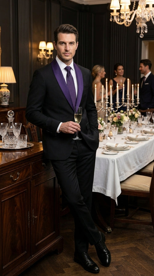 Mens Black Suit with Purple Lapel – Elegant Formal Tuxedo Style Suit for Wedding, Prom, Party and Evening Wear