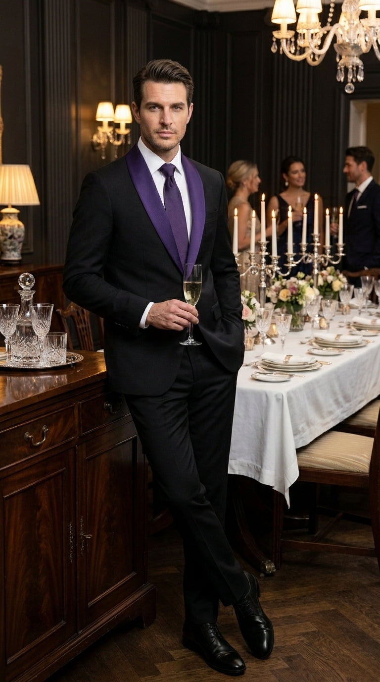 Mens Black Suit with Purple Lapel – Elegant Formal Tuxedo Style Suit for Wedding, Prom, Party and Evening Wear - 34 Short or Extra Small