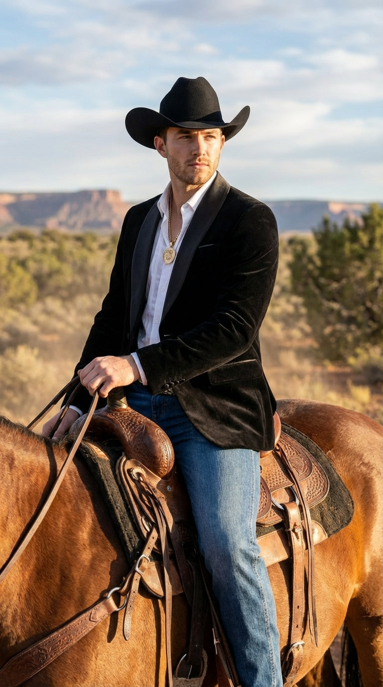 Mens Black Velvet Cowboy Blazer – Western Formal Jacket with Satin Lapel - 34 Short or Extra Small