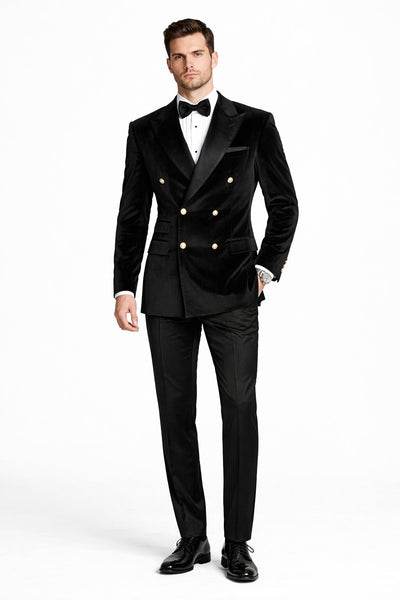 Men's Designer Double Breasted Velvet Suti with Gold Buttons in Black