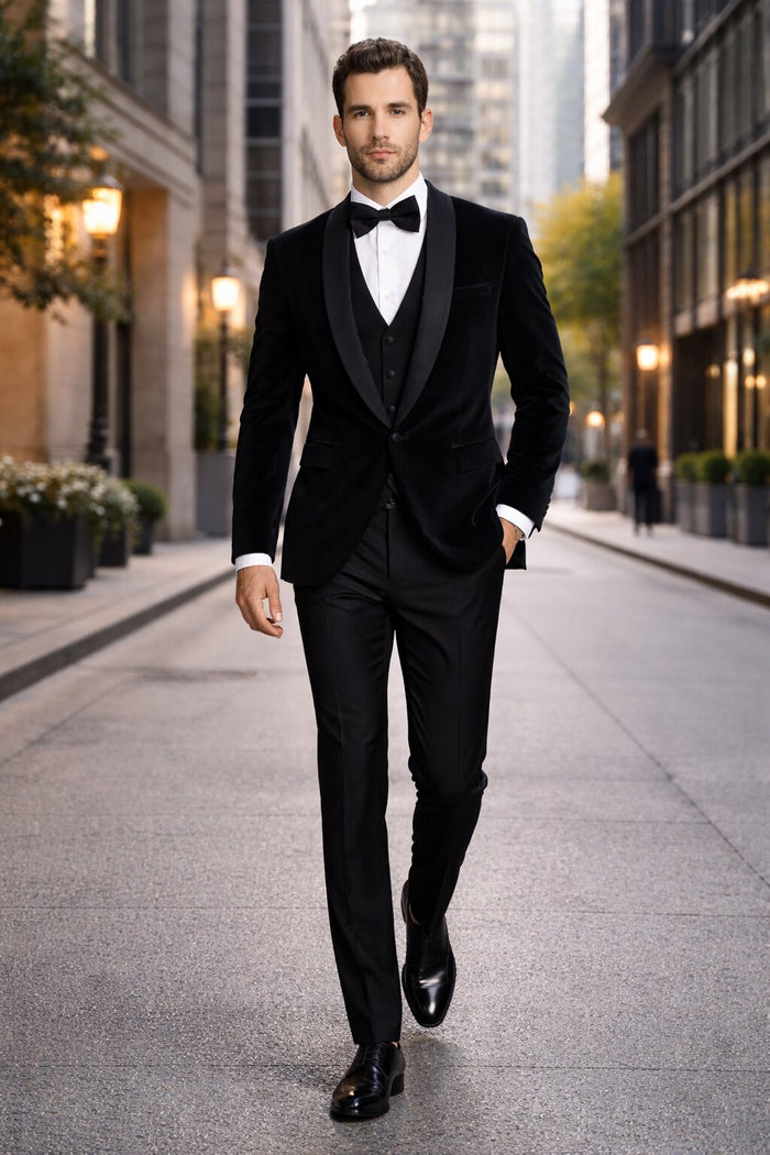 Men's Designer Vested Velvet Wedding & Prom Tuxed in Black