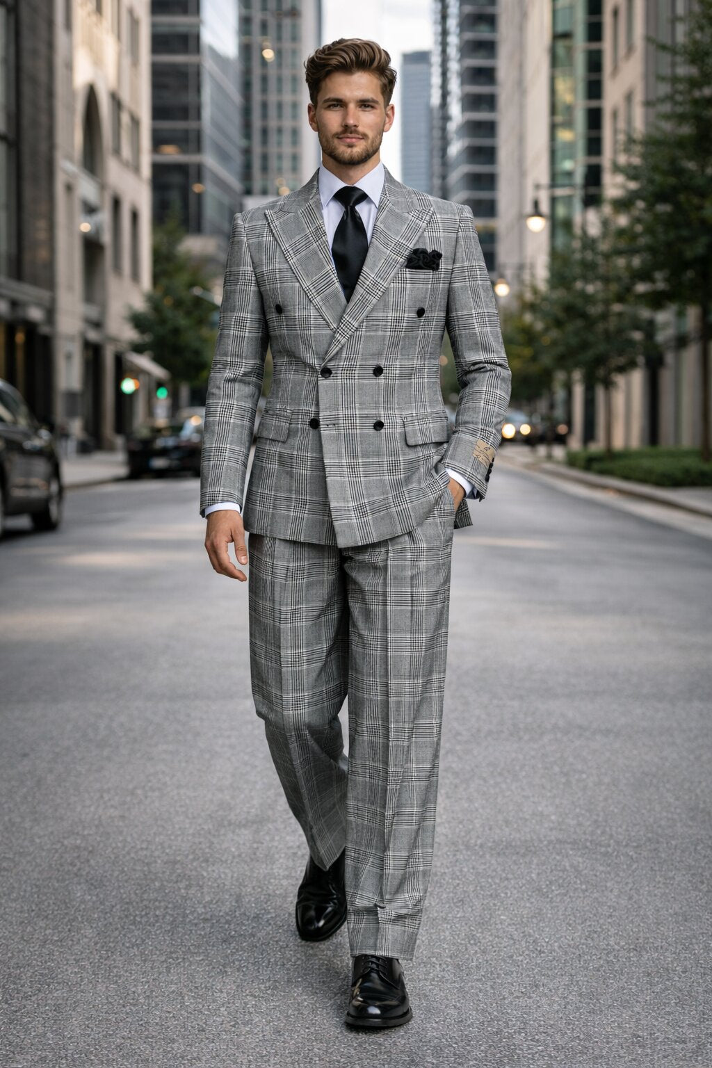 Suits With Baggy Pleated Pants - Wide Leg Pants 100% Wool - Classic Fit in Black and White Plaid Color by Rossiman - 38 Regular