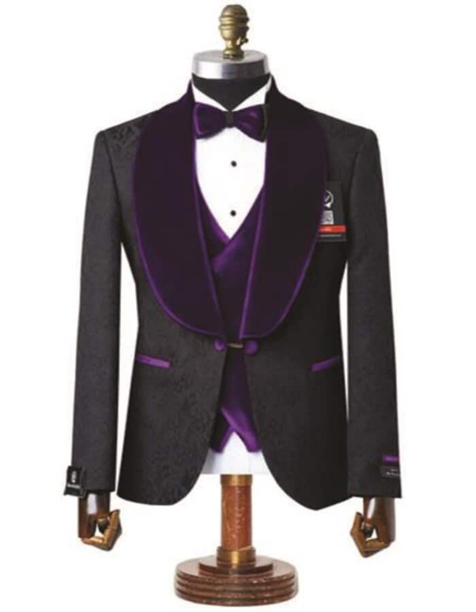 Mens Black and Dark Purple Velvet Lapel 3-Piece Tailored-Fit Tuxedo