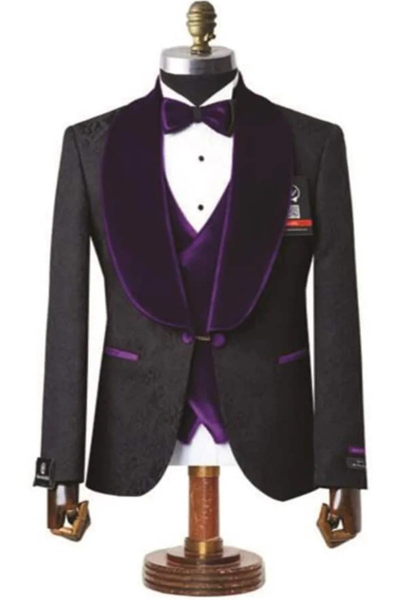 Mens Black and Dark Purple Velvet Lapel 3-Piece Tailored-Fit Tuxedo