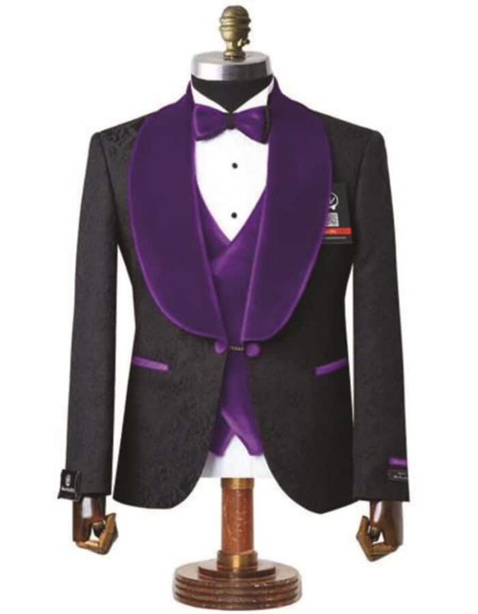 Mens Black and Purple 4 Button Cuffs Velvet Lapel 3-Piece Tailored-Fit Tuxedo