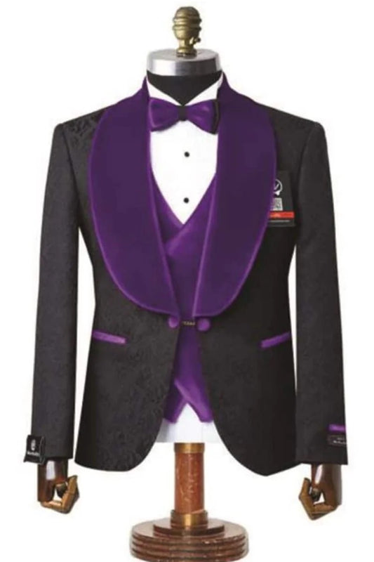 Mens Black and Purple 4 Button Cuffs Velvet Lapel 3-Piece Tailored-Fit Tuxedo