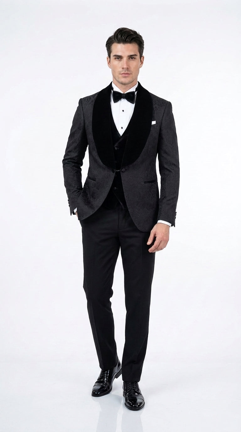 Men’s Black With Velvet collar 3 Piece Tuxedo Suit – Floral Jacquard Dinner Jacket with  Vest and Bowtie - 34 Short or Extra Small
