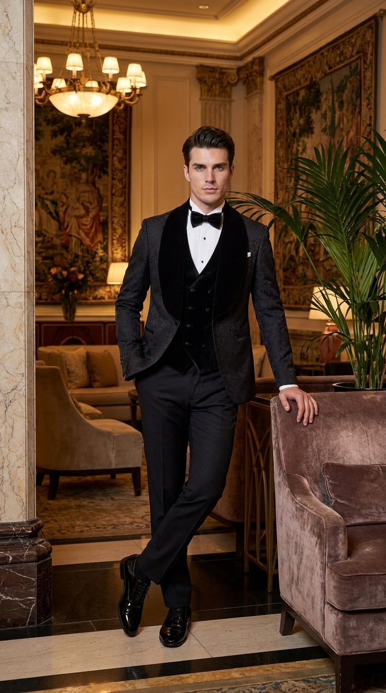 Men’s Black With Velvet collar 3 Piece Tuxedo Suit – Floral Jacquard Dinner Jacket with  Vest and Bowtie - 34 Short or Extra Small