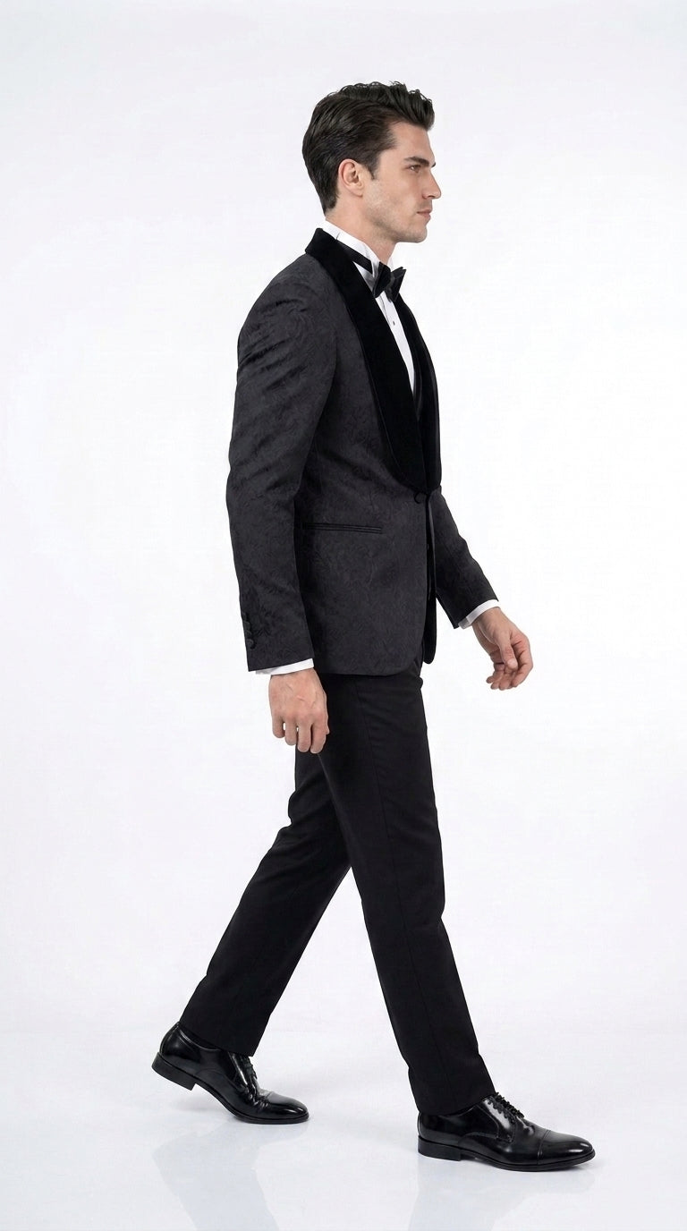Men’s Black With Velvet collar 3 Piece Tuxedo Suit – Floral Jacquard Dinner Jacket with  Vest and Bowtie - 34 Short or Extra Small