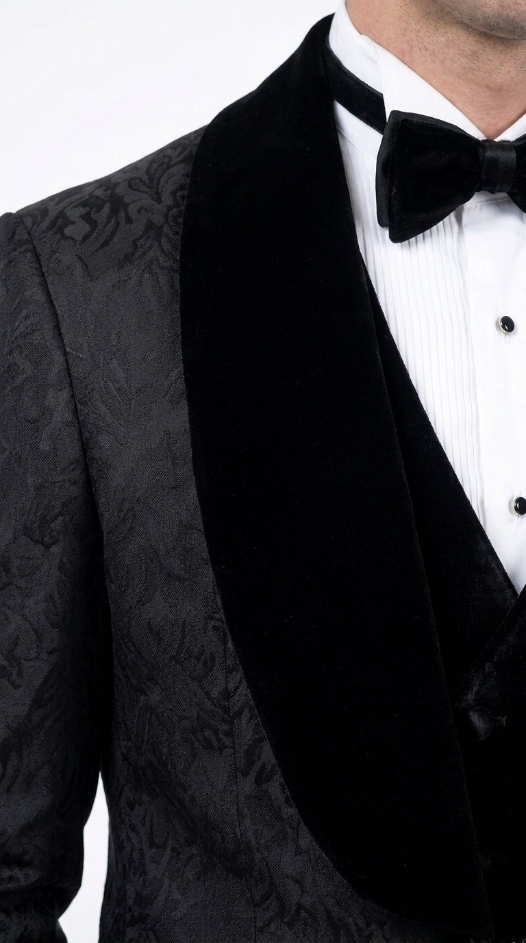 Men’s Black With Velvet collar 3 Piece Tuxedo Suit – Floral Jacquard Dinner Jacket with  Vest and Bowtie - 34 Short or Extra Small