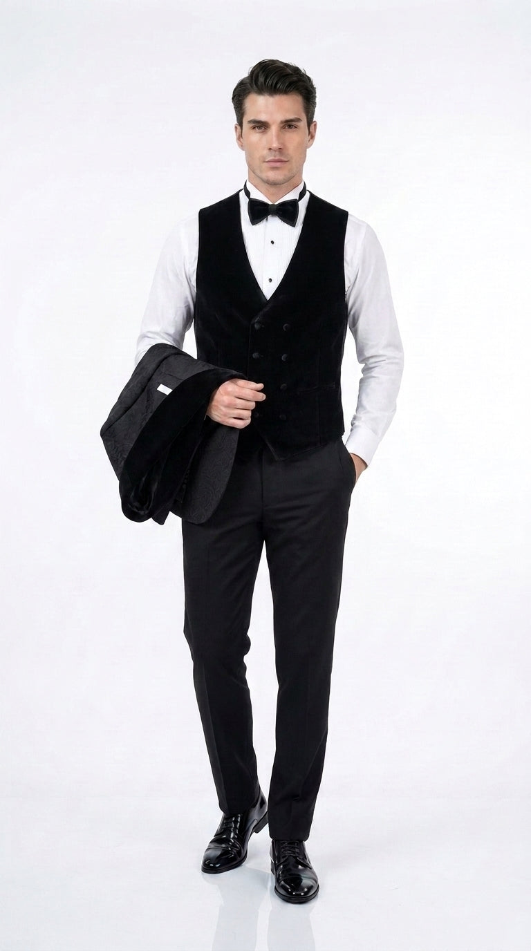 Men’s Black With Velvet collar 3 Piece Tuxedo Suit – Floral Jacquard Dinner Jacket with  Vest and Bowtie - 34 Short or Extra Small