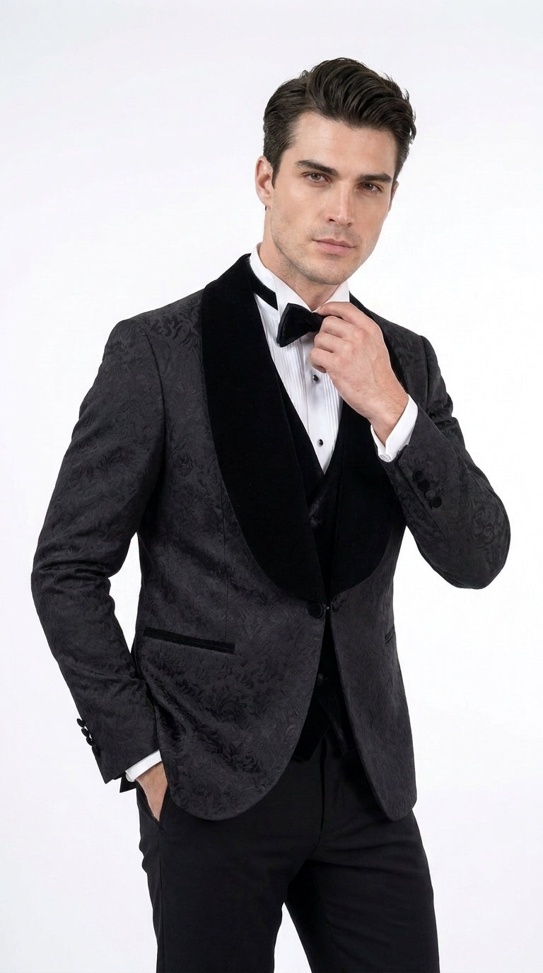 Men’s Black With Velvet collar 3 Piece Tuxedo Suit – Floral Jacquard Dinner Jacket with  Vest and Bowtie - 34 Short or Extra Small