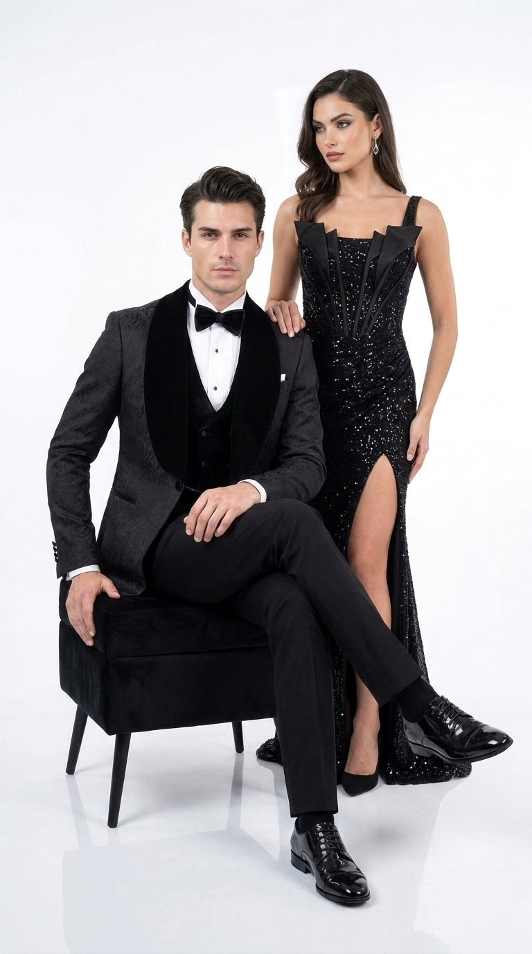 Men’s Black With Velvet collar 3 Piece Tuxedo Suit – Floral Jacquard Dinner Jacket with  Vest and Bowtie - 34 Short or Extra Small